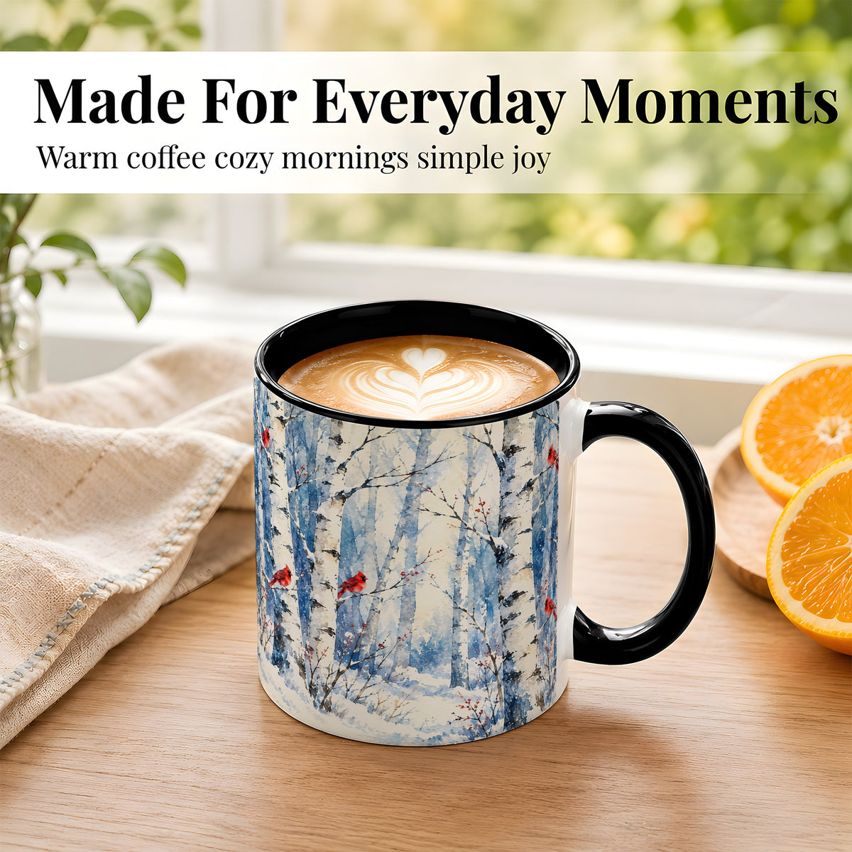 #pl[11oz|Black] Watercolor Cardinal Coffee Mug, Winter Birch Mug, Ceramic Cup