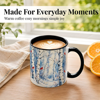 #pl[11oz|Black] Watercolor Cardinal Coffee Mug, Winter Birch Mug, Ceramic Cup