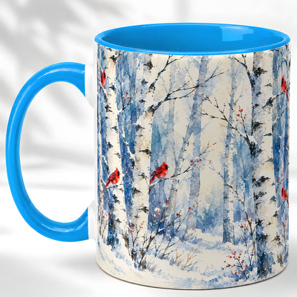 #pl[11oz|Blue] Watercolor Cardinal Coffee Mug, Winter Birch Mug, Ceramic Cup