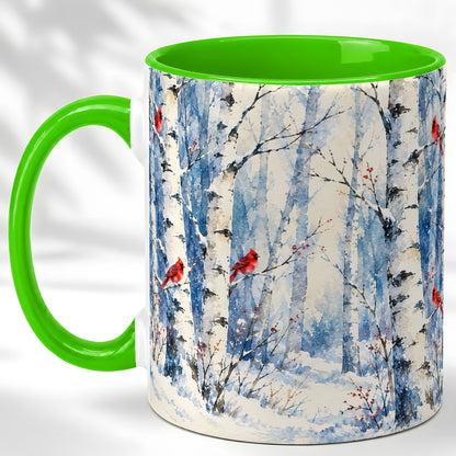 #pl[11oz|Green] Watercolor Cardinal Coffee Mug, Winter Birch Mug, Ceramic Cup