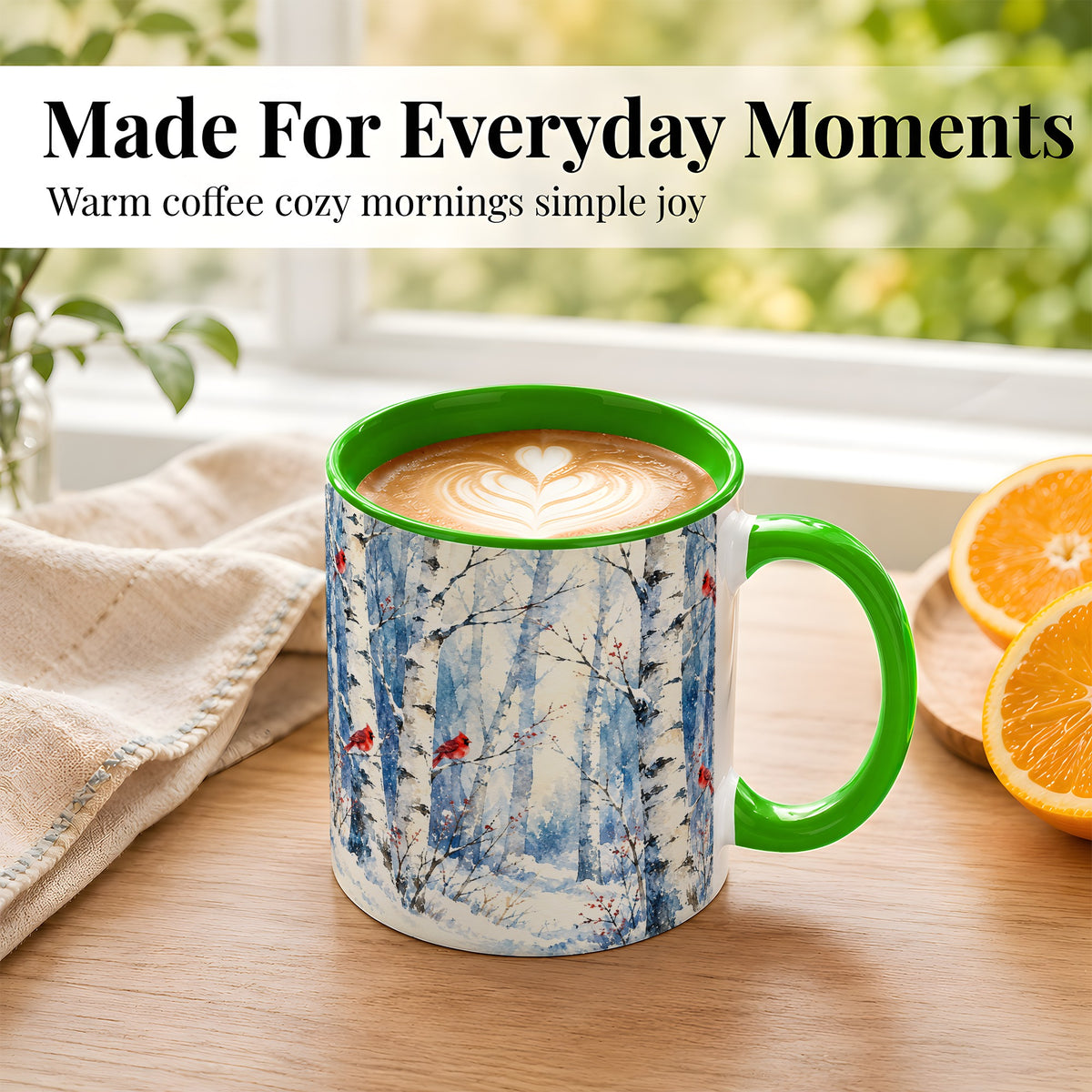 #pl[11oz|Green] Watercolor Cardinal Coffee Mug, Winter Birch Mug, Ceramic Cup