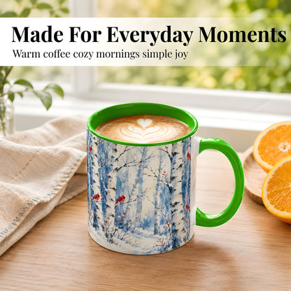#pl[11oz|Green] Watercolor Cardinal Coffee Mug, Winter Birch Mug, Ceramic Cup