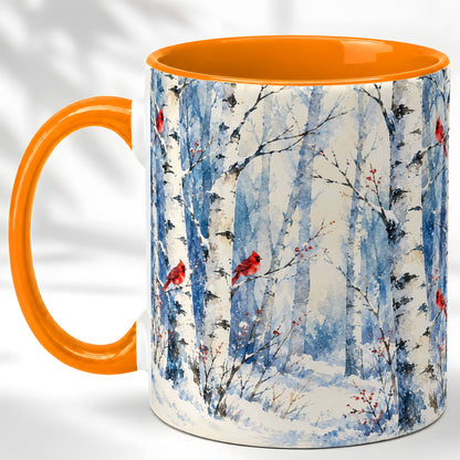 #pl[11oz|Orange] Watercolor Cardinal Coffee Mug, Winter Birch Mug, Ceramic Cup