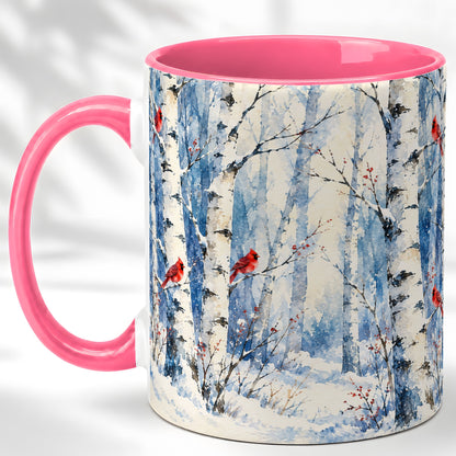 #pl[11oz|Pink] Watercolor Cardinal Coffee Mug, Winter Birch Mug, Ceramic Cup
