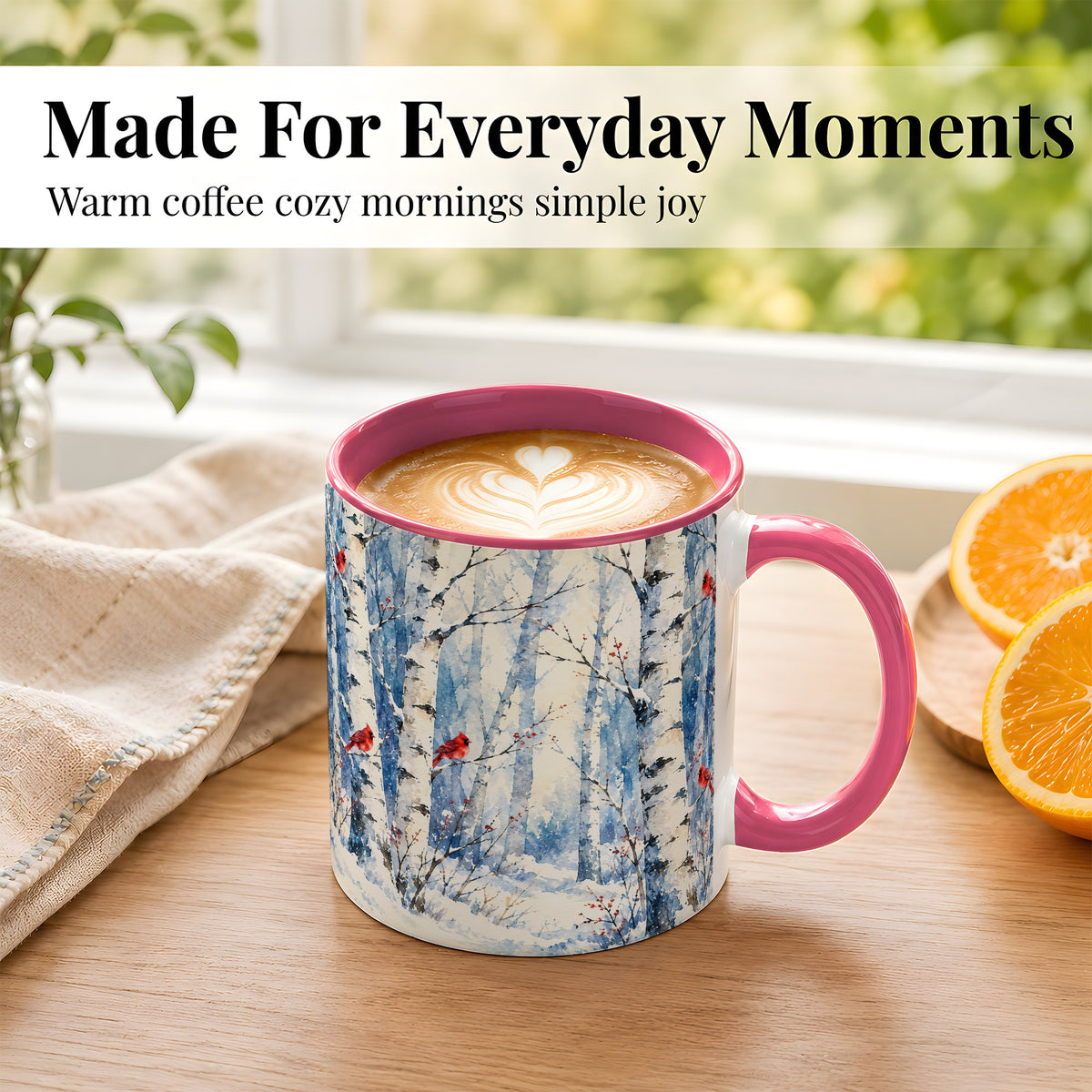 #pl[11oz|Pink] Watercolor Cardinal Coffee Mug, Winter Birch Mug, Ceramic Cup