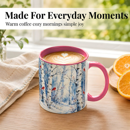 #pl[11oz|Pink] Watercolor Cardinal Coffee Mug, Winter Birch Mug, Ceramic Cup