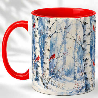 Watercolor Cardinal Coffee Mug, Winter Birch Mug, Ceramic Cup