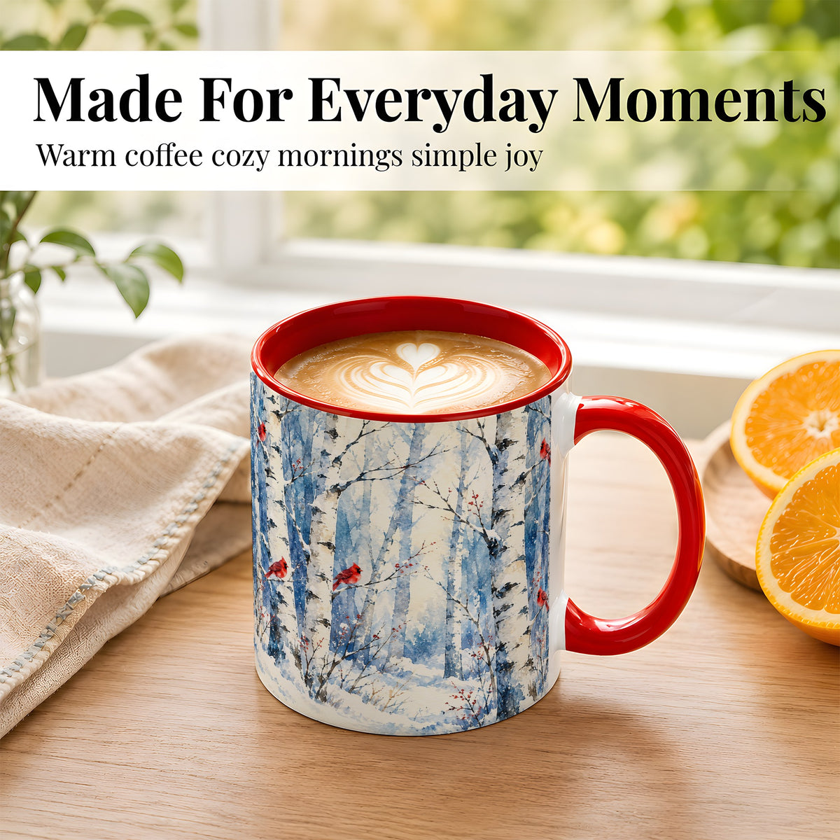 #pl[11oz|Red] Watercolor Cardinal Coffee Mug, Winter Birch Mug, Ceramic Cup