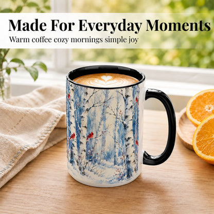 #pl[15oz|Black] Watercolor Cardinal Coffee Mug, Winter Birch Mug, Ceramic Cup