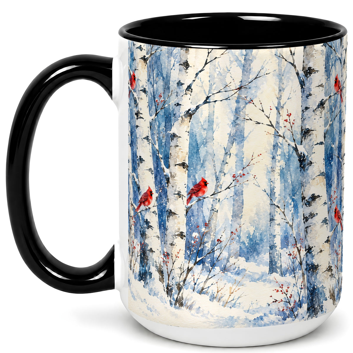 #pl[15oz|Black] Watercolor Cardinal Coffee Mug, Winter Birch Mug, Ceramic Cup