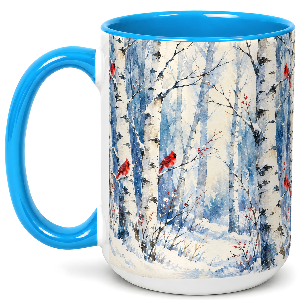 #pl[15oz|Blue] Watercolor Cardinal Coffee Mug, Winter Birch Mug, Ceramic Cup