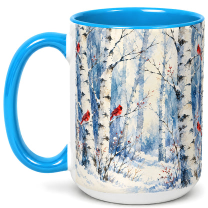 #pl[15oz|Blue] Watercolor Cardinal Coffee Mug, Winter Birch Mug, Ceramic Cup