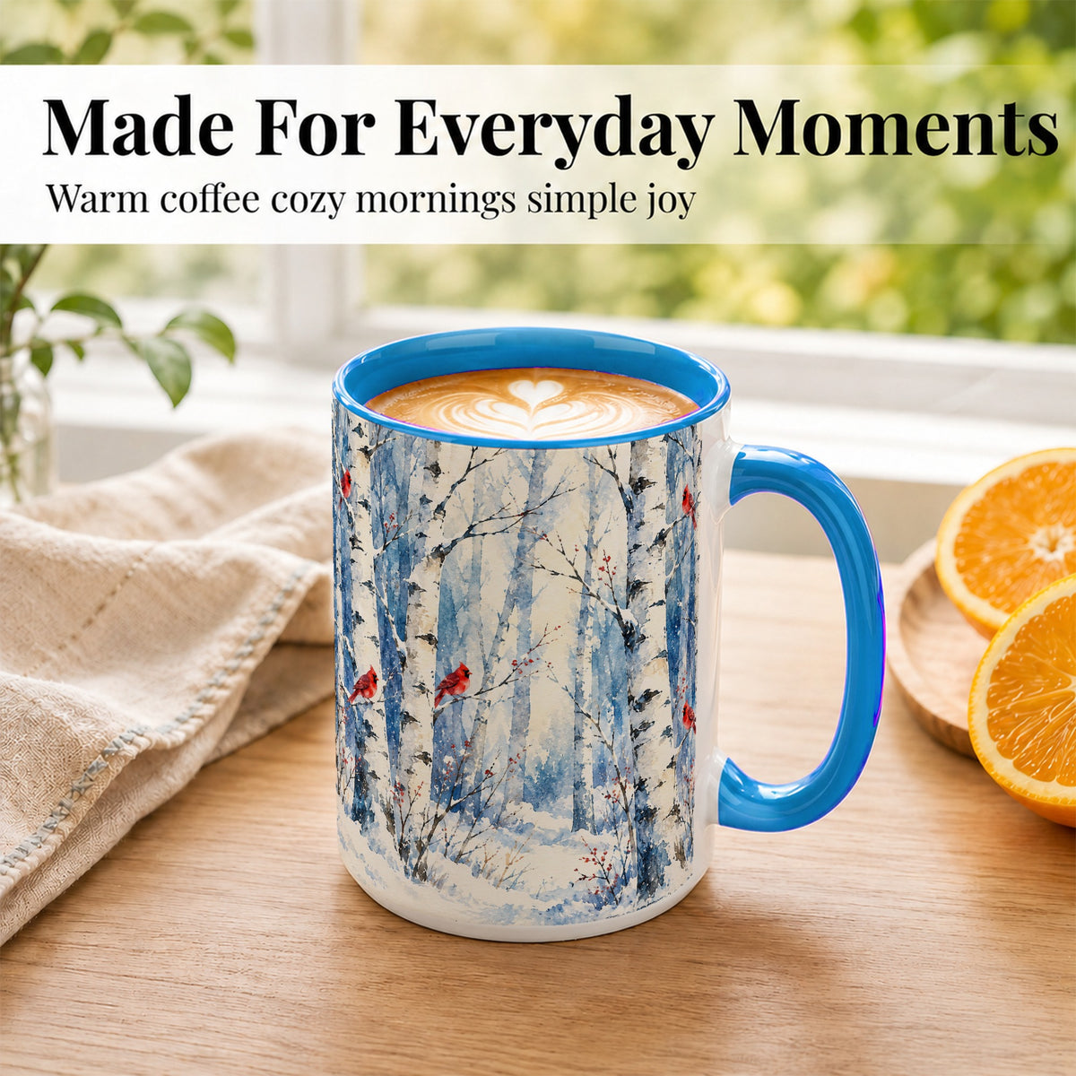 #pl[15oz|Blue] Watercolor Cardinal Coffee Mug, Winter Birch Mug, Ceramic Cup