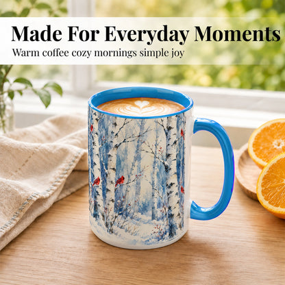 #pl[15oz|Blue] Watercolor Cardinal Coffee Mug, Winter Birch Mug, Ceramic Cup