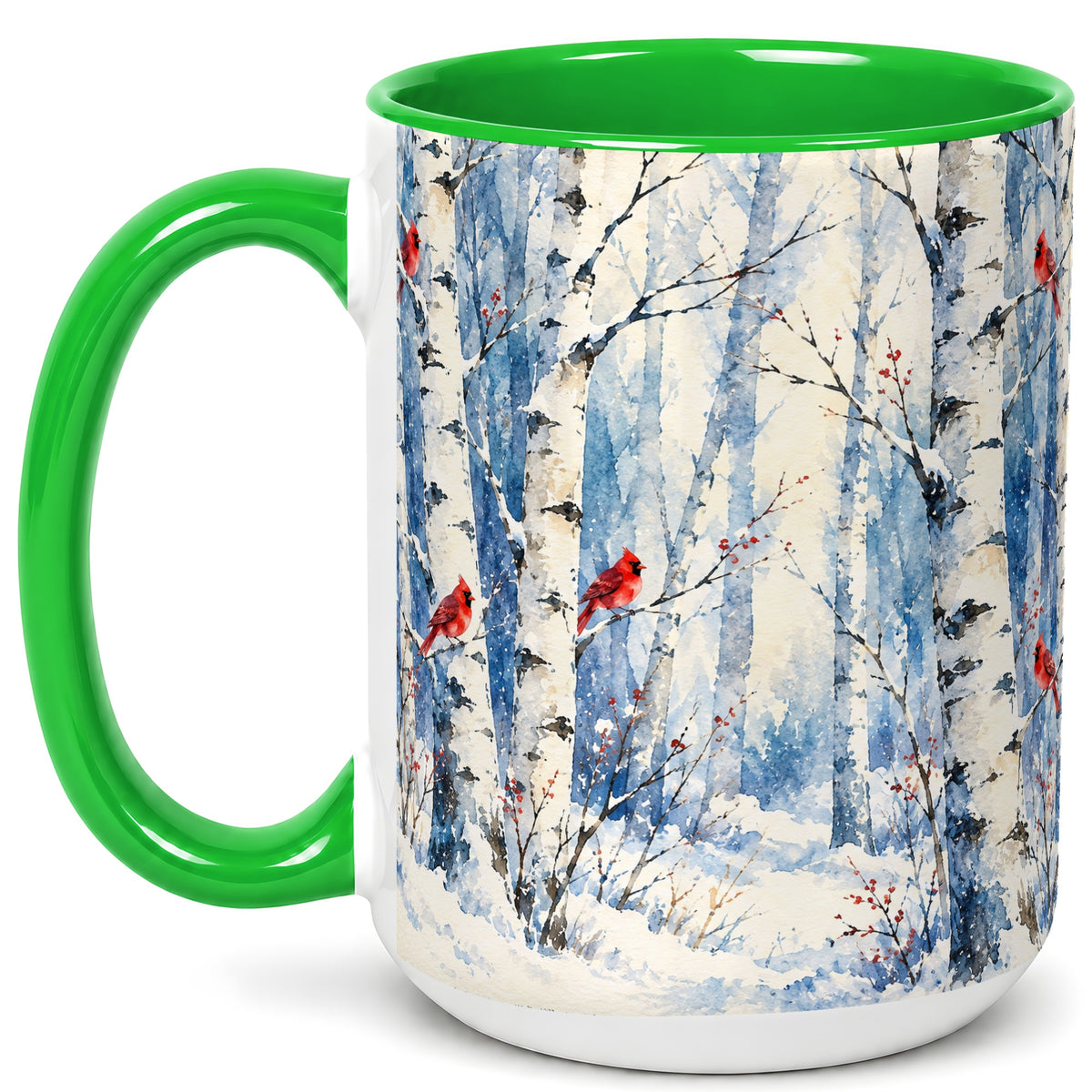 #pl[15oz|Green] Watercolor Cardinal Coffee Mug, Winter Birch Mug, Ceramic Cup