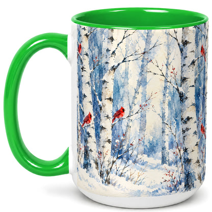#pl[15oz|Green] Watercolor Cardinal Coffee Mug, Winter Birch Mug, Ceramic Cup