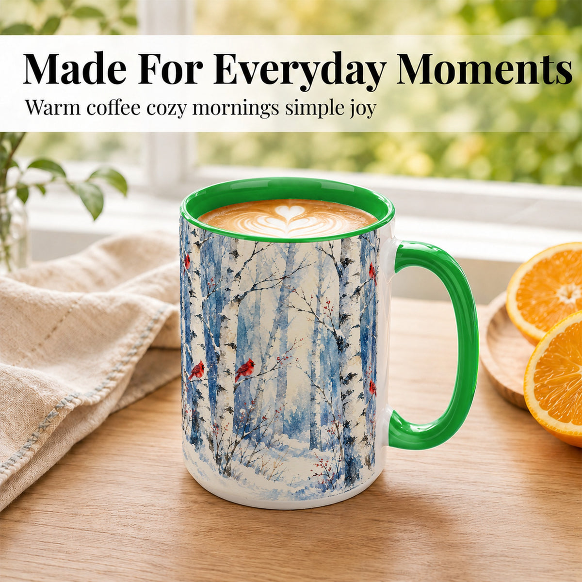 #pl[15oz|Green] Watercolor Cardinal Coffee Mug, Winter Birch Mug, Ceramic Cup