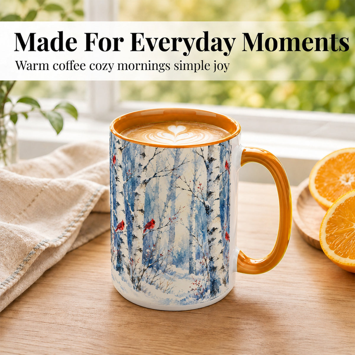#pl[15oz|Orange] Watercolor Cardinal Coffee Mug, Winter Birch Mug, Ceramic Cup