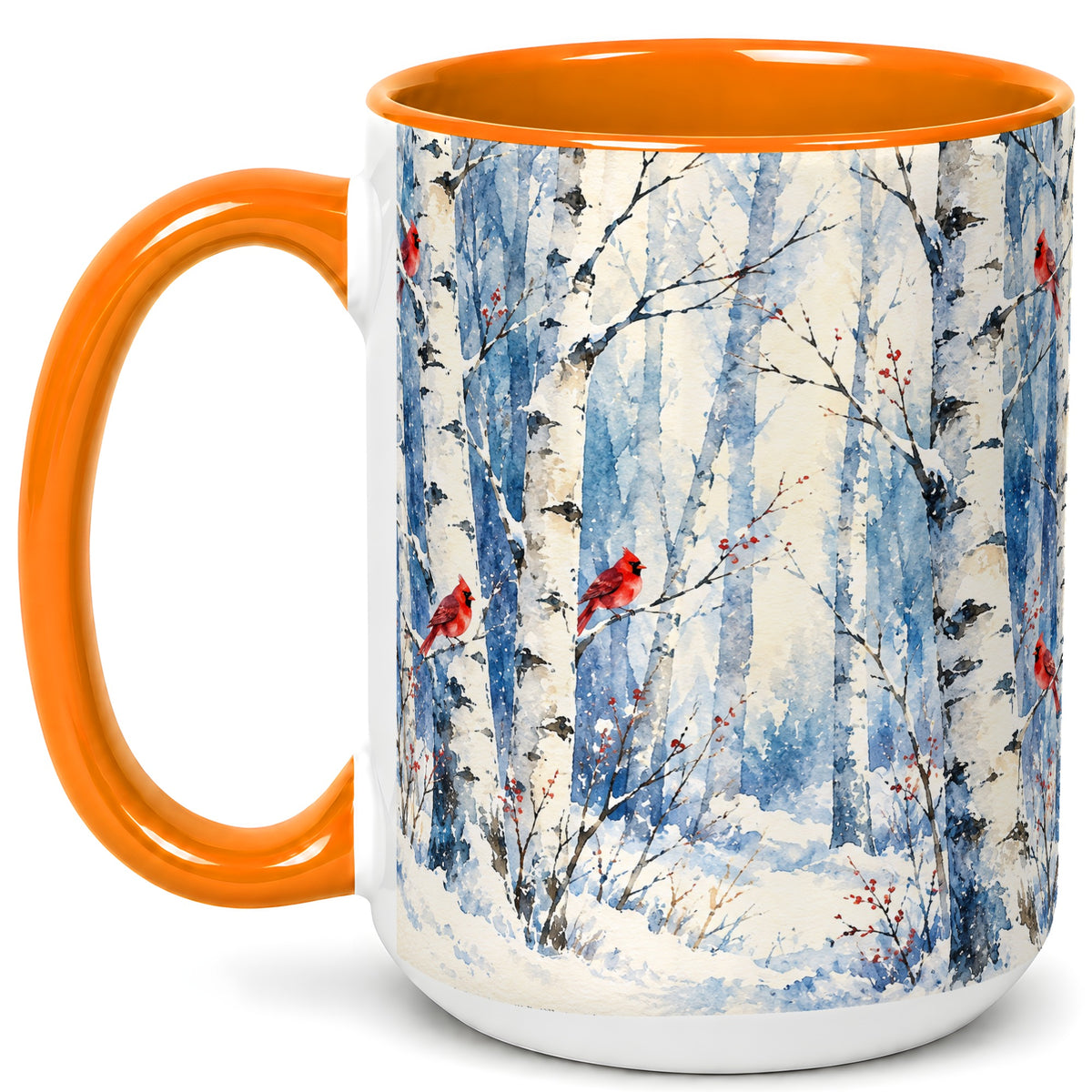 #pl[15oz|Orange] Watercolor Cardinal Coffee Mug, Winter Birch Mug, Ceramic Cup