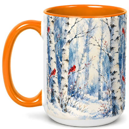 #pl[15oz|Orange] Watercolor Cardinal Coffee Mug, Winter Birch Mug, Ceramic Cup