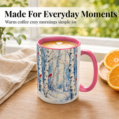#pl[15oz|Pink] Watercolor Cardinal Coffee Mug, Winter Birch Mug, Ceramic Cup
