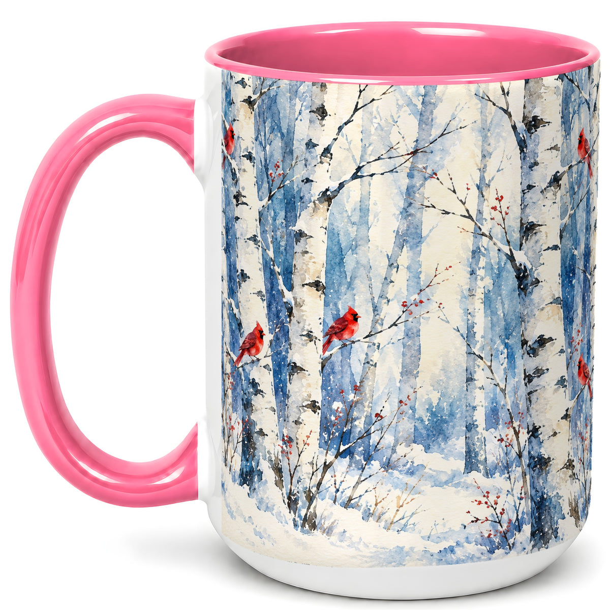 #pl[15oz|Pink] Watercolor Cardinal Coffee Mug, Winter Birch Mug, Ceramic Cup