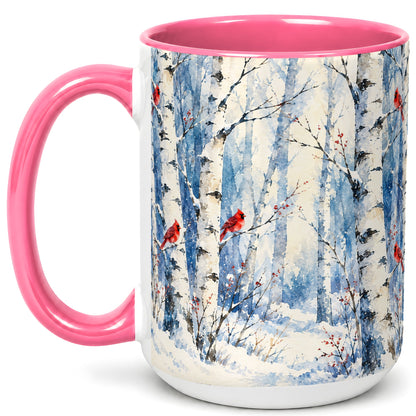 #pl[15oz|Pink] Watercolor Cardinal Coffee Mug, Winter Birch Mug, Ceramic Cup