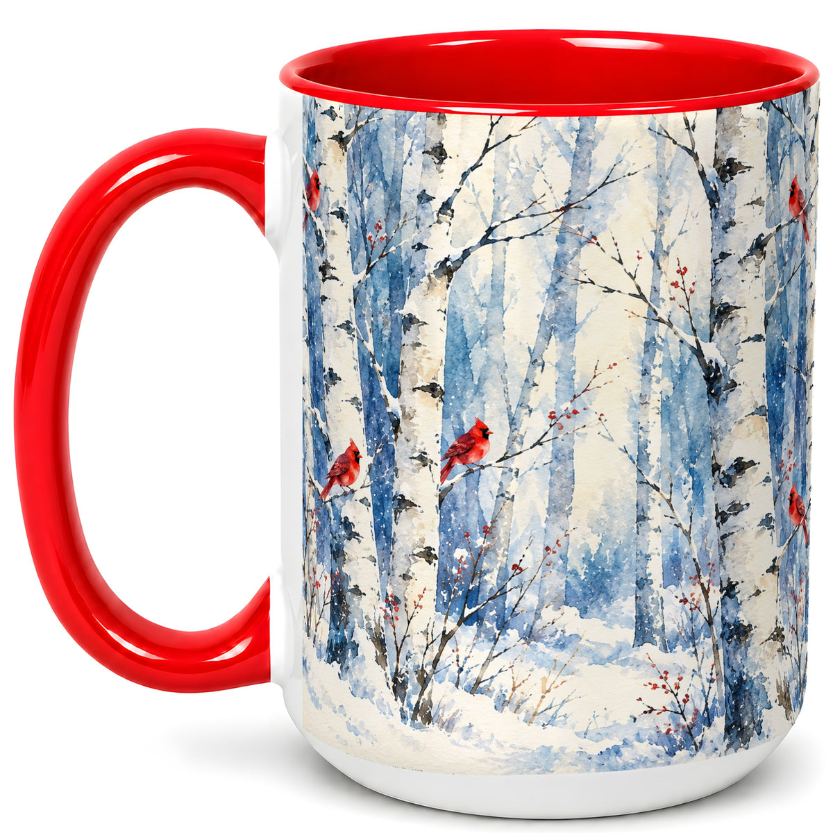 #pl[15oz|Red] Watercolor Cardinal Coffee Mug, Winter Birch Mug, Ceramic Cup