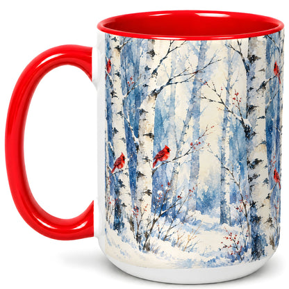 #pl[15oz|Red] Watercolor Cardinal Coffee Mug, Winter Birch Mug, Ceramic Cup