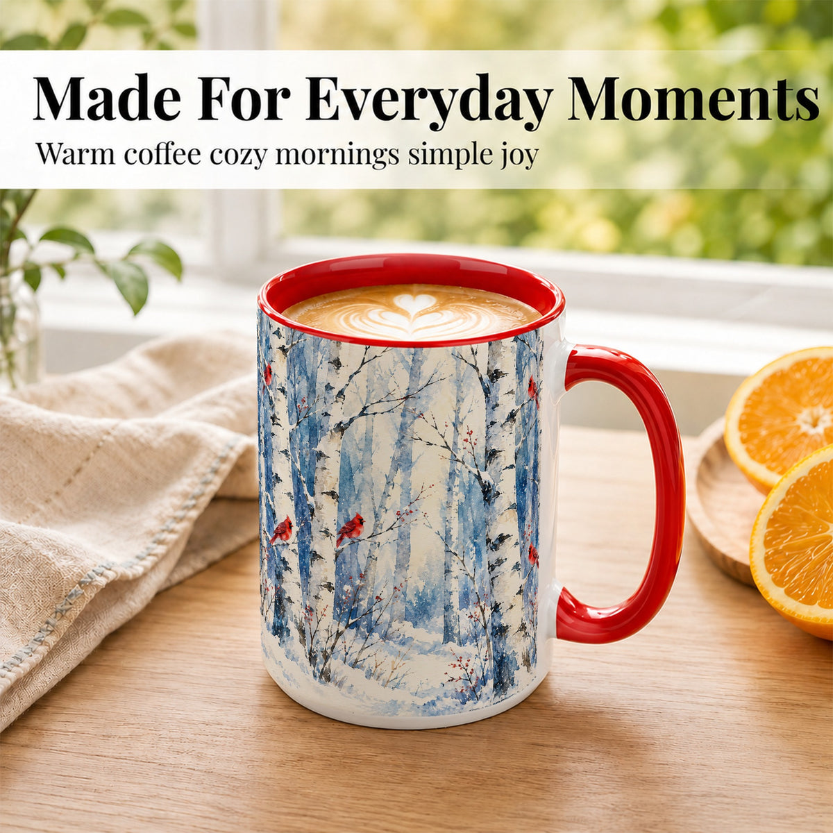 #pl[15oz|Red] Watercolor Cardinal Coffee Mug, Winter Birch Mug, Ceramic Cup