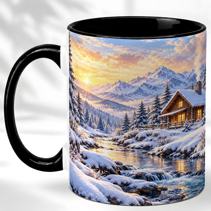 #pl[11oz|Black] Snowy Mountain Cabin Coffee Mug, Winter Landscape Mug, Ceramic Cup