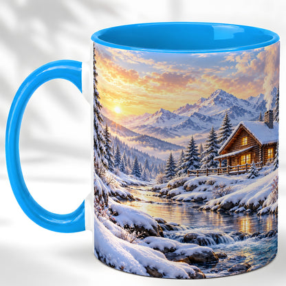 #pl[11oz|Blue] Snowy Mountain Cabin Coffee Mug, Winter Landscape Mug, Ceramic Cup