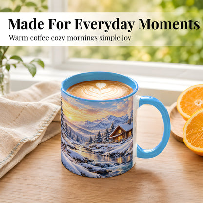 #pl[11oz|Blue] Snowy Mountain Cabin Coffee Mug, Winter Landscape Mug, Ceramic Cup