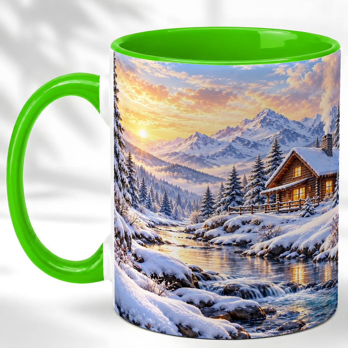 #pl[11oz|Green] Snowy Mountain Cabin Coffee Mug, Winter Landscape Mug, Ceramic Cup