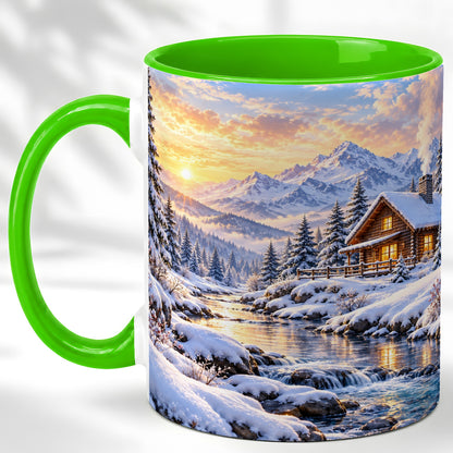 #pl[11oz|Green] Snowy Mountain Cabin Coffee Mug, Winter Landscape Mug, Ceramic Cup
