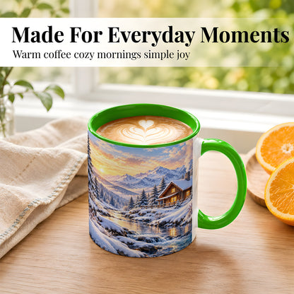 #pl[11oz|Green] Snowy Mountain Cabin Coffee Mug, Winter Landscape Mug, Ceramic Cup