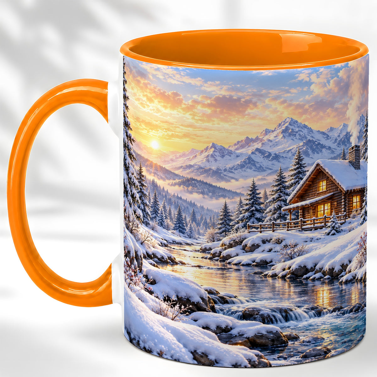 #pl[11oz|Orange] Snowy Mountain Cabin Coffee Mug, Winter Landscape Mug, Ceramic Cup