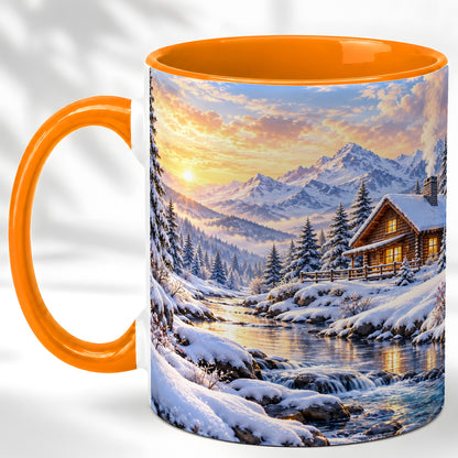#pl[11oz|Orange] Snowy Mountain Cabin Coffee Mug, Winter Landscape Mug, Ceramic Cup