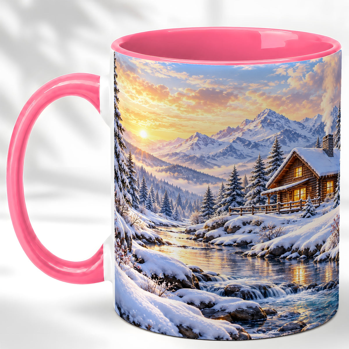 #pl[11oz|Pink] Snowy Mountain Cabin Coffee Mug, Winter Landscape Mug, Ceramic Cup