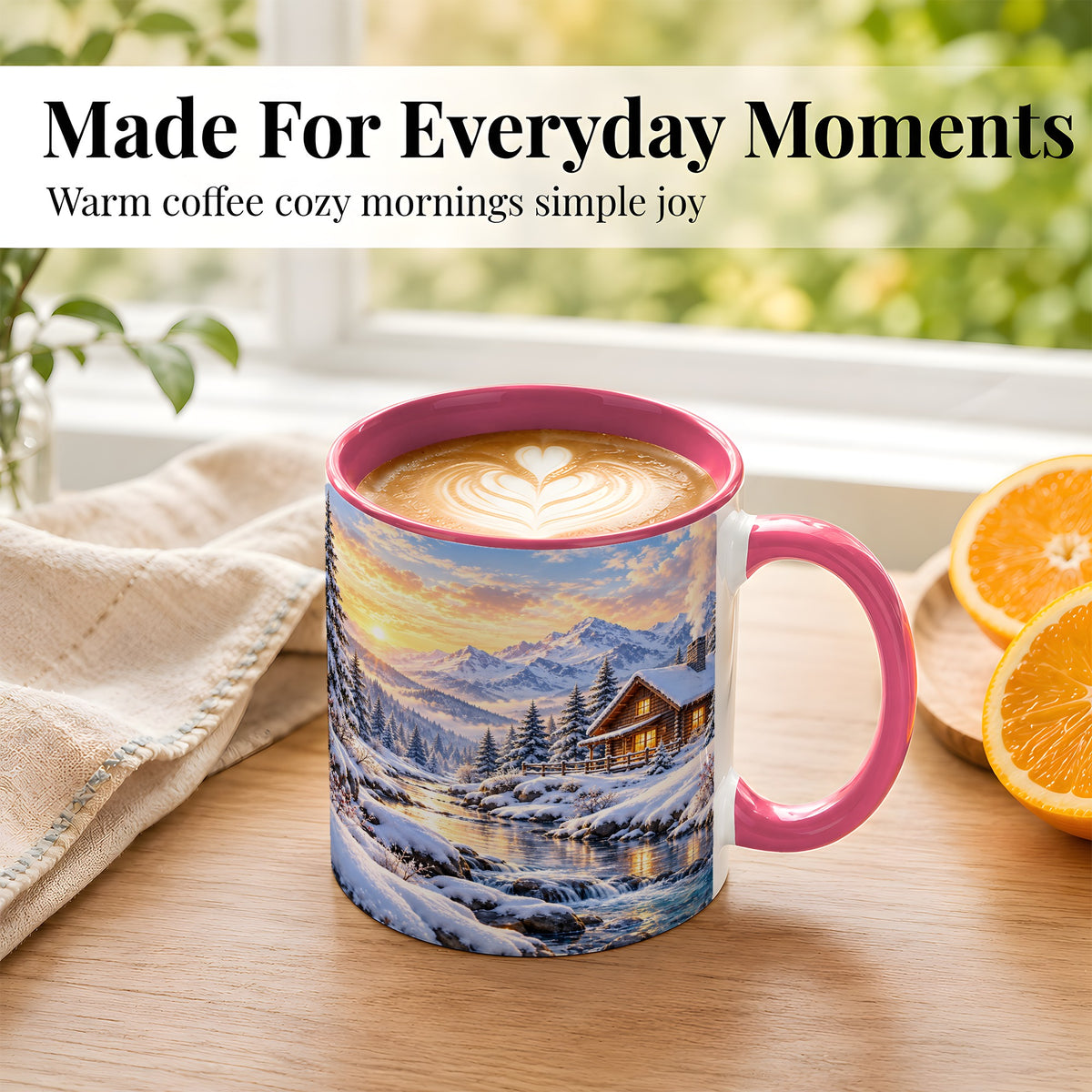 #pl[11oz|Pink] Snowy Mountain Cabin Coffee Mug, Winter Landscape Mug, Ceramic Cup