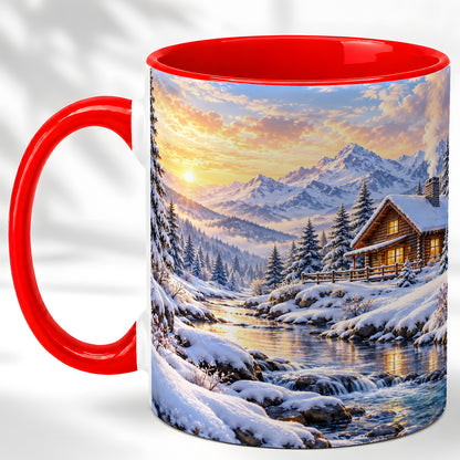 Snowy Mountain Cabin Coffee Mug, Winter Landscape Mug, Ceramic Cup