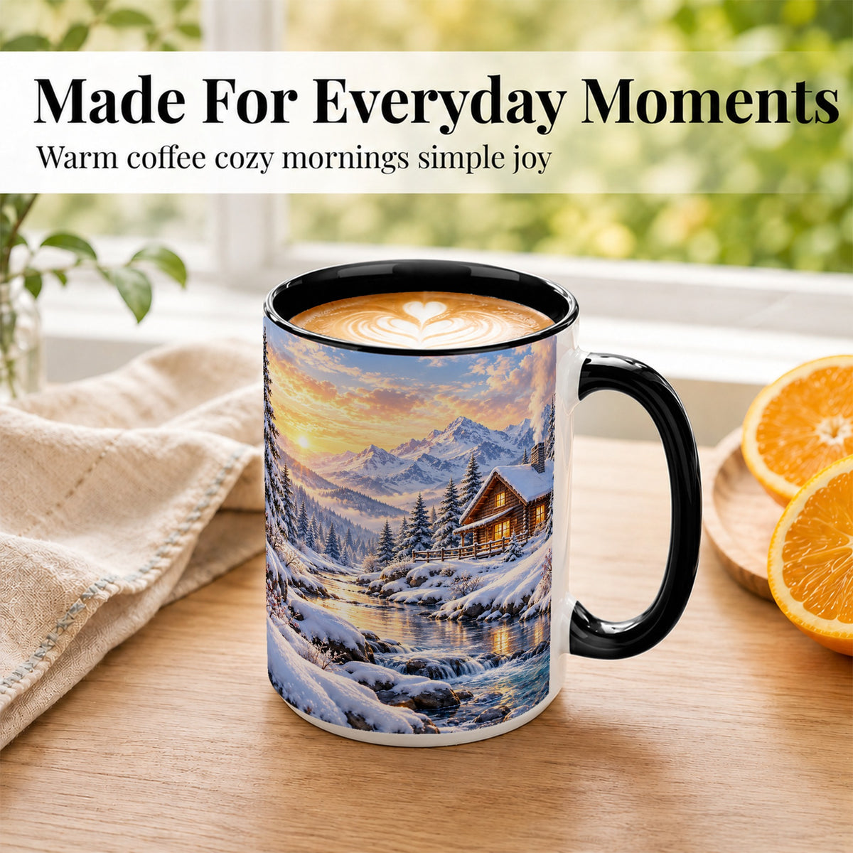 #pl[15oz|Black] Snowy Mountain Cabin Coffee Mug, Winter Landscape Mug, Ceramic Cup