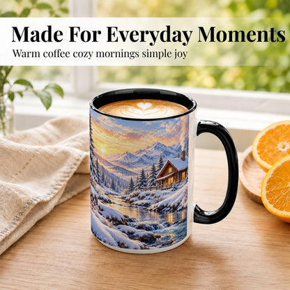 #pl[15oz|Black] Snowy Mountain Cabin Coffee Mug, Winter Landscape Mug, Ceramic Cup