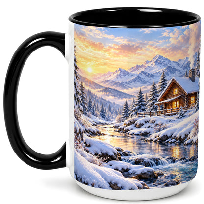 #pl[15oz|Black] Snowy Mountain Cabin Coffee Mug, Winter Landscape Mug, Ceramic Cup