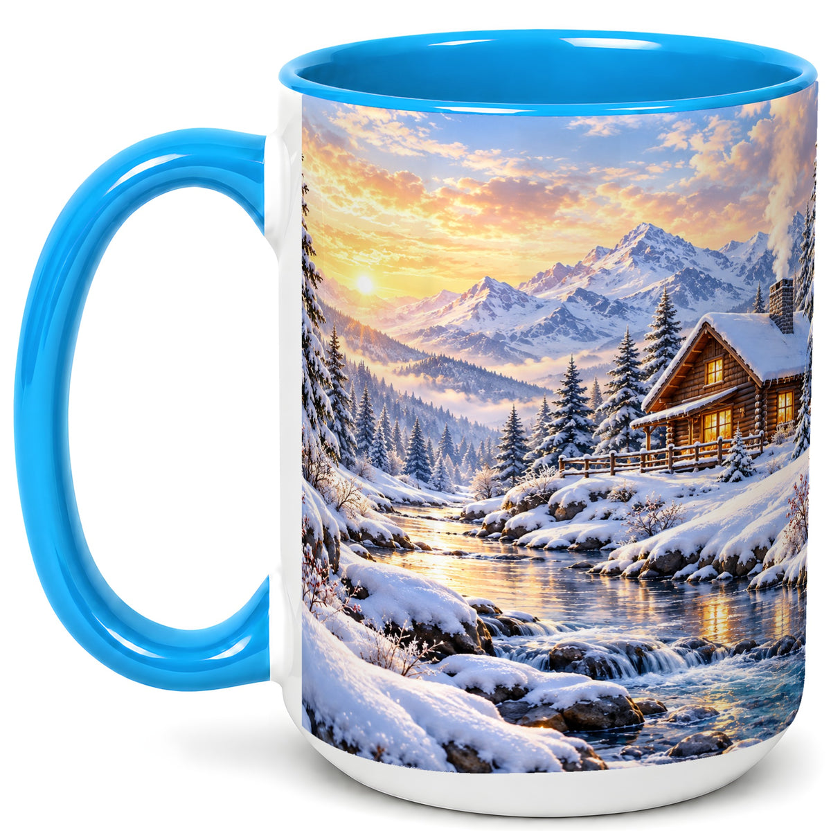 #pl[15oz|Blue] Snowy Mountain Cabin Coffee Mug, Winter Landscape Mug, Ceramic Cup
