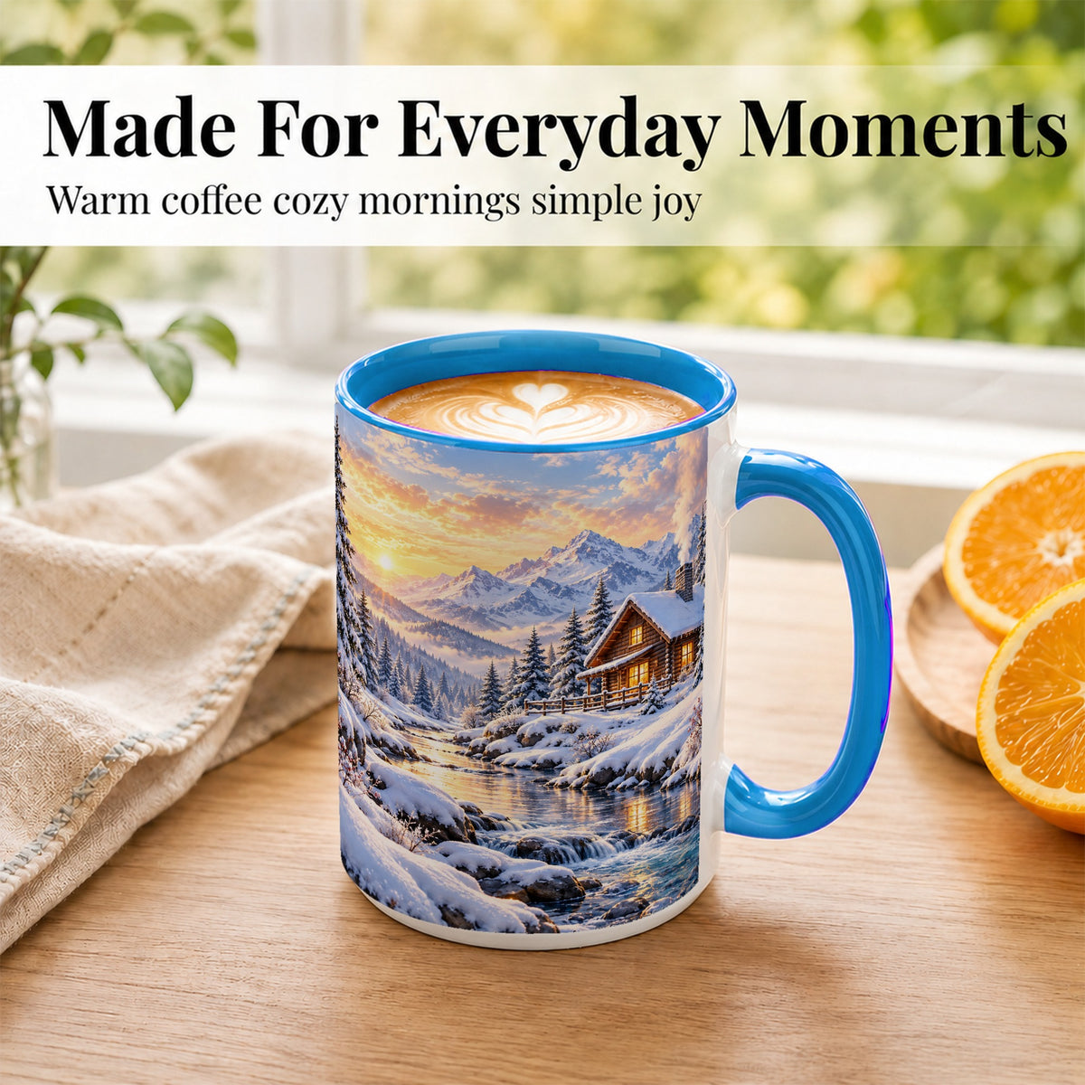 #pl[15oz|Blue] Snowy Mountain Cabin Coffee Mug, Winter Landscape Mug, Ceramic Cup