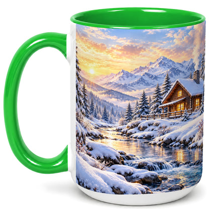 #pl[15oz|Green] Snowy Mountain Cabin Coffee Mug, Winter Landscape Mug, Ceramic Cup