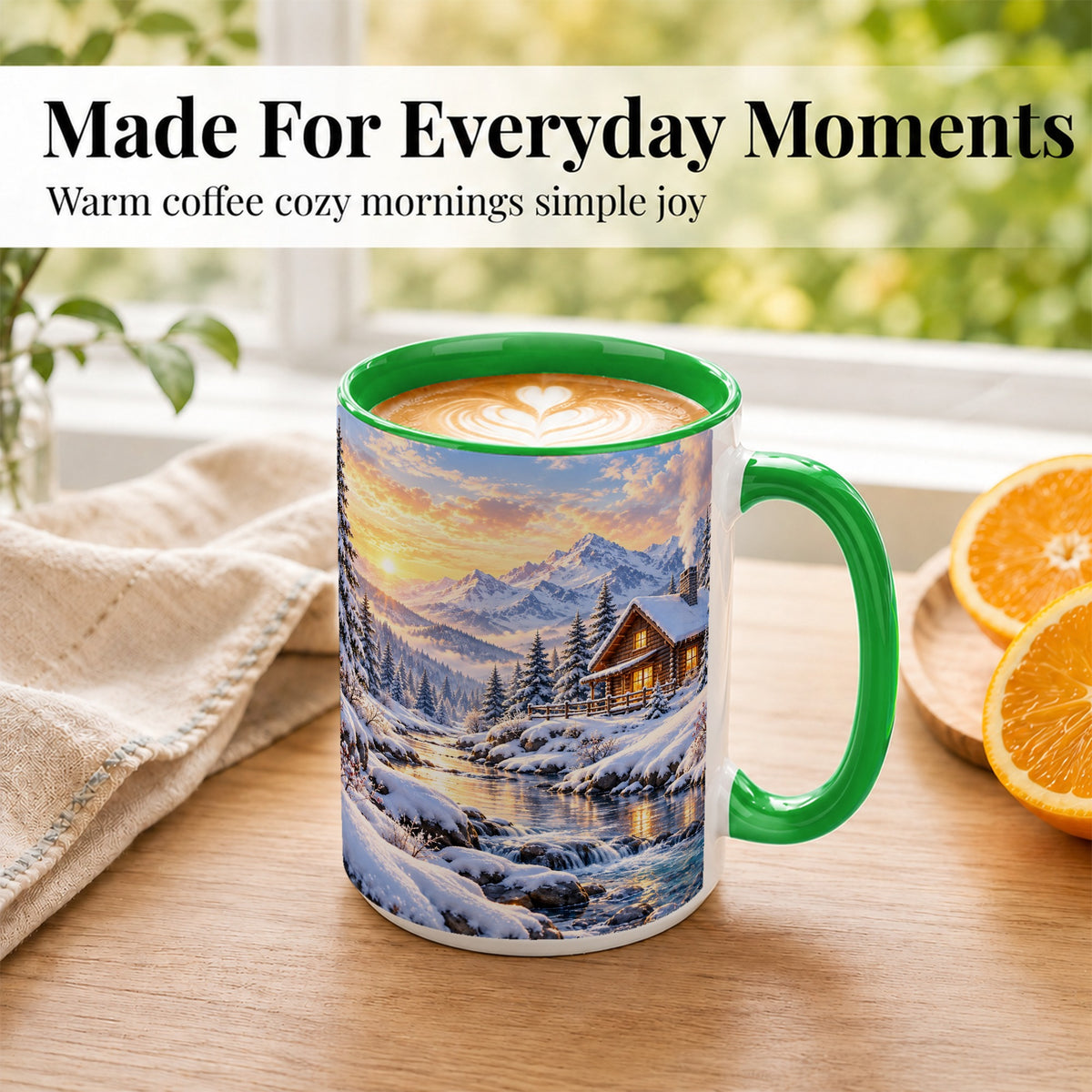 #pl[15oz|Green] Snowy Mountain Cabin Coffee Mug, Winter Landscape Mug, Ceramic Cup