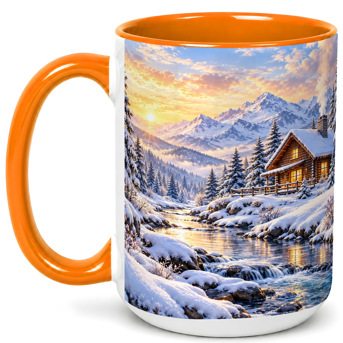 #pl[15oz|Orange] Snowy Mountain Cabin Coffee Mug, Winter Landscape Mug, Ceramic Cup