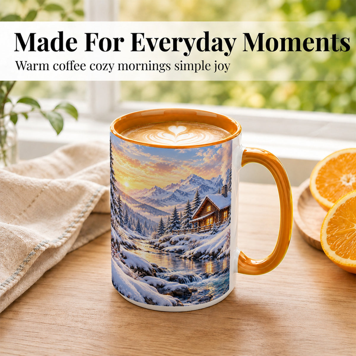 #pl[15oz|Orange] Snowy Mountain Cabin Coffee Mug, Winter Landscape Mug, Ceramic Cup